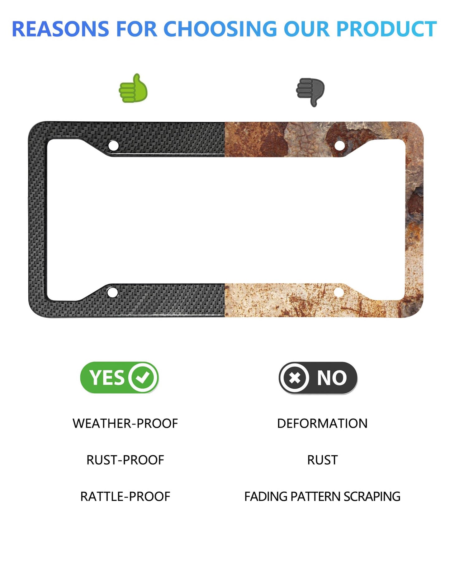 Carbon Fiber License Plate Frames- Black Carbon Pattern Aluminum Front & Rear Car Tag Holder Cover 2 Pack with Mount Hardware, Screws, Caps, Handlebar Stickers
