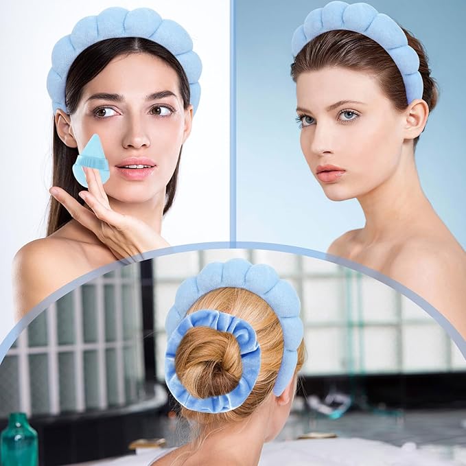7Pcs Spa Set - Puffy Headband, Wristbands, Powder Puffs, Makeup Removal Terry Cloth Headband - Blue
