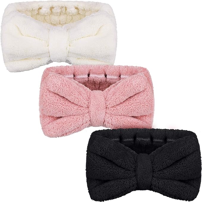 3 Pieces Wash Face Headband Makeup Spa Headband Towel Terry Hair Bands Microfiber Bowtie Shower Facial Adjustable HairBand for Women (Pink, Blue, White)