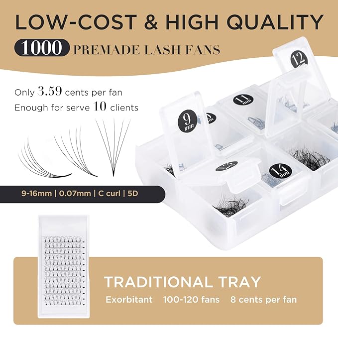 LASHVIEW 1000 Premade volume fans Mixed lengths 9-16mm loose Fans C, D Curl. Handmade eyelash extensions supplies Russian volume lash promade fan 5D,10D(0.07 5D C 9-16mm）