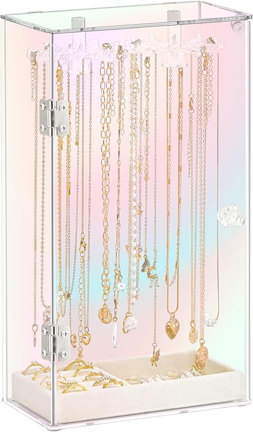 Cirhy Iridescent Acrylic Necklace Holder, Necklace Organizer with 24 Rotatable Hooks, Rainbow Jewelry Organizer Display Box with Velvet Tray for Long Necklaces Pendant Bracelets Rings Earrings