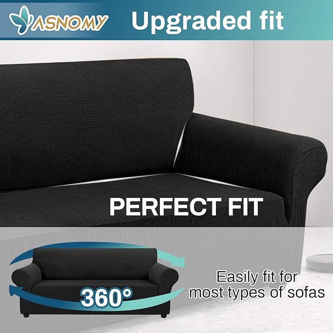 Asnomy Couch Covers for 3 Cushion Couch Sofa Pet Friendly, 3 Seater Sofa Cover Washable Slipcovers Protector Furniture Covers for Dogs Spandex Jacquard Fabric Small Checks（Large，Black）