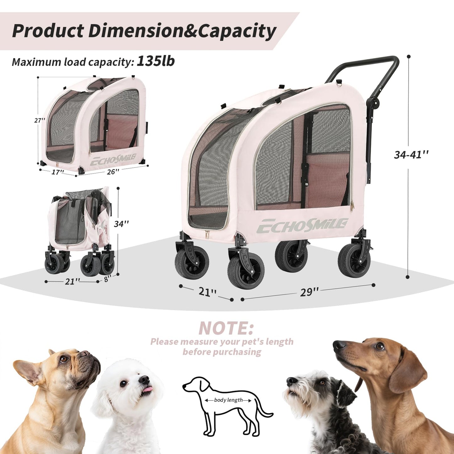 EchoSmile 4 Wheels Pet Stroller, Dog & Cat Stroller for All-Season, Lightweight Carrier with Storage Basket, Adjustable Handle, Removable Pad, Breathable Mesh, Up to 135 lbs, Pink
