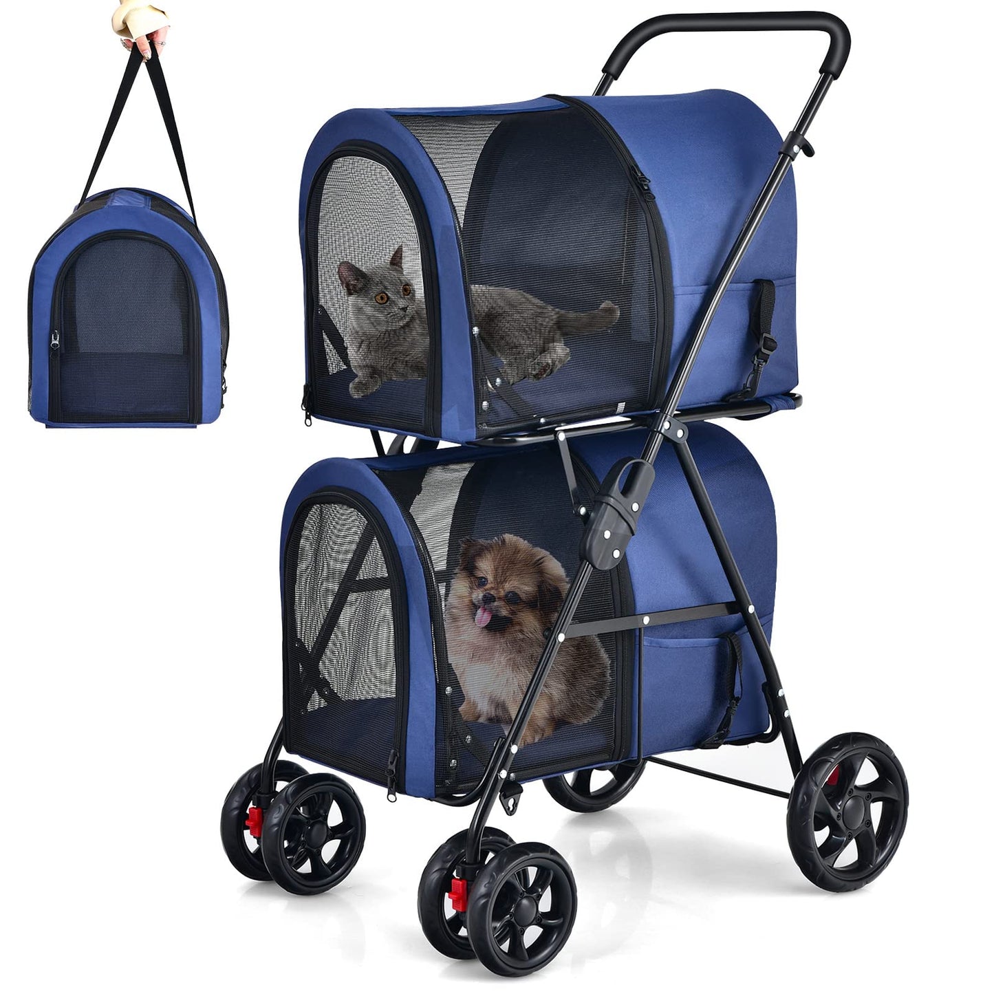 Giantex Double Pet Stroller with 2 Detachable Carrier Bags, Safety Belt, 4 Lockable Wheels, Folding Cat & Dog Stroller for Small Medium Pets, Cats Dogs Puppy Travel Strolling Cart (Navy)