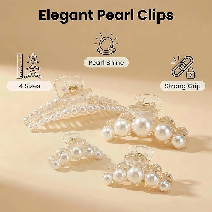 Hair Clips for Women, Large Pearl Hair Claw Clip Set Strong Hold No Slip, Banana Jaw Clip Barrettes, Hair Accessories Birthday Wedding MothdayÃ¢ÂÂs Day Gift for Girl Wife Styling Thick Thin (4 PCS)