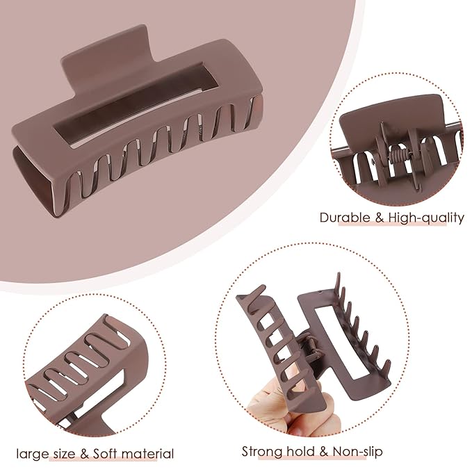 Large Hair Claw Clips - 8 Pcs Rectangle Big Claws for Thick Hair - Non-Slip Acrylic Banana Jaw Clips - Women & Girls (Blue, Brown)