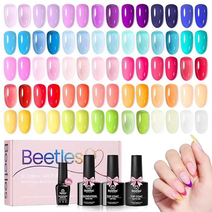 Beetles Neon Gel Polish Set - 36 Colors Dewdrop Flora Gel Nail Kit Spring Jelly Pink Milky White Yellow Purple Green Natural Classic Color Set Soak Off UV LED Home Salon Summer Gift for Women