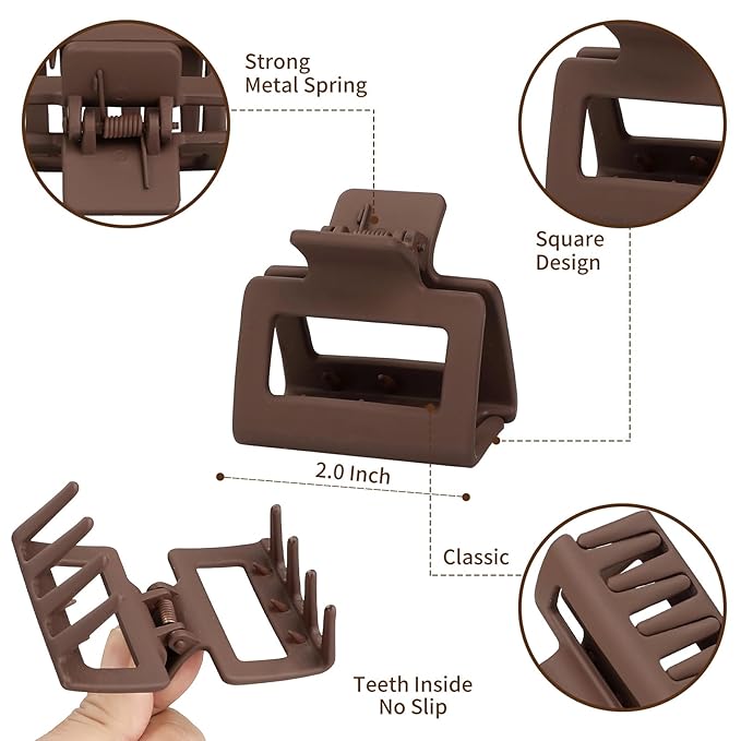 2 Inch Medium Hair Claw Clips 12 Pcs Square Hair Claw Clips for Thin Hair Matte Nonslip Acrylic Banana Jaw Clips Bulk Hair Accessories for women and Girls (Brown)