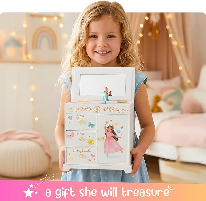 Giggle & Honey® Princess Musical Jewelry Box for Girls Kids Music Box with Drawers, Fairytale Gifts for Girls Birthday, Princess Jewelry Boxes for Ages 3-10