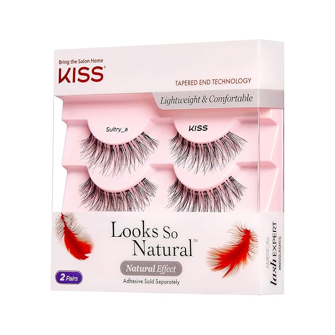 KISS Looks So Natural False Eyelashes Double Pack, Lightweight & Comfortable, Tapered End Technology, Reusable, Cruelty-Free, Contact Lens Friendly, Style 'Sultry', 2 Pairs Fake Eyelashes