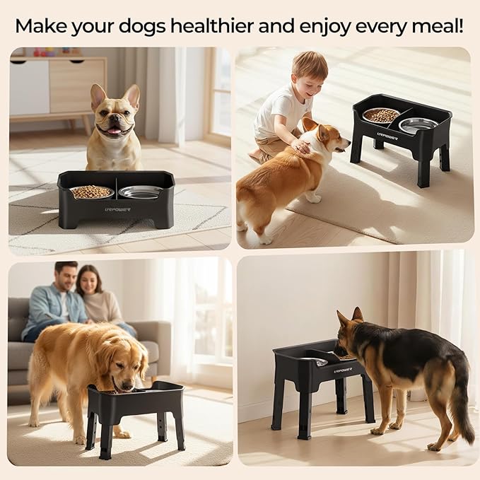 URPOWER Mess Proof Elevated Dog Bowls, High Wall Splash Guard Design, 4 Height Adjustable Raised Bowl Stand, 2 Large Stainless Steel Bowls, Non-Slip Food Water Set for Small Medium Large Dogs