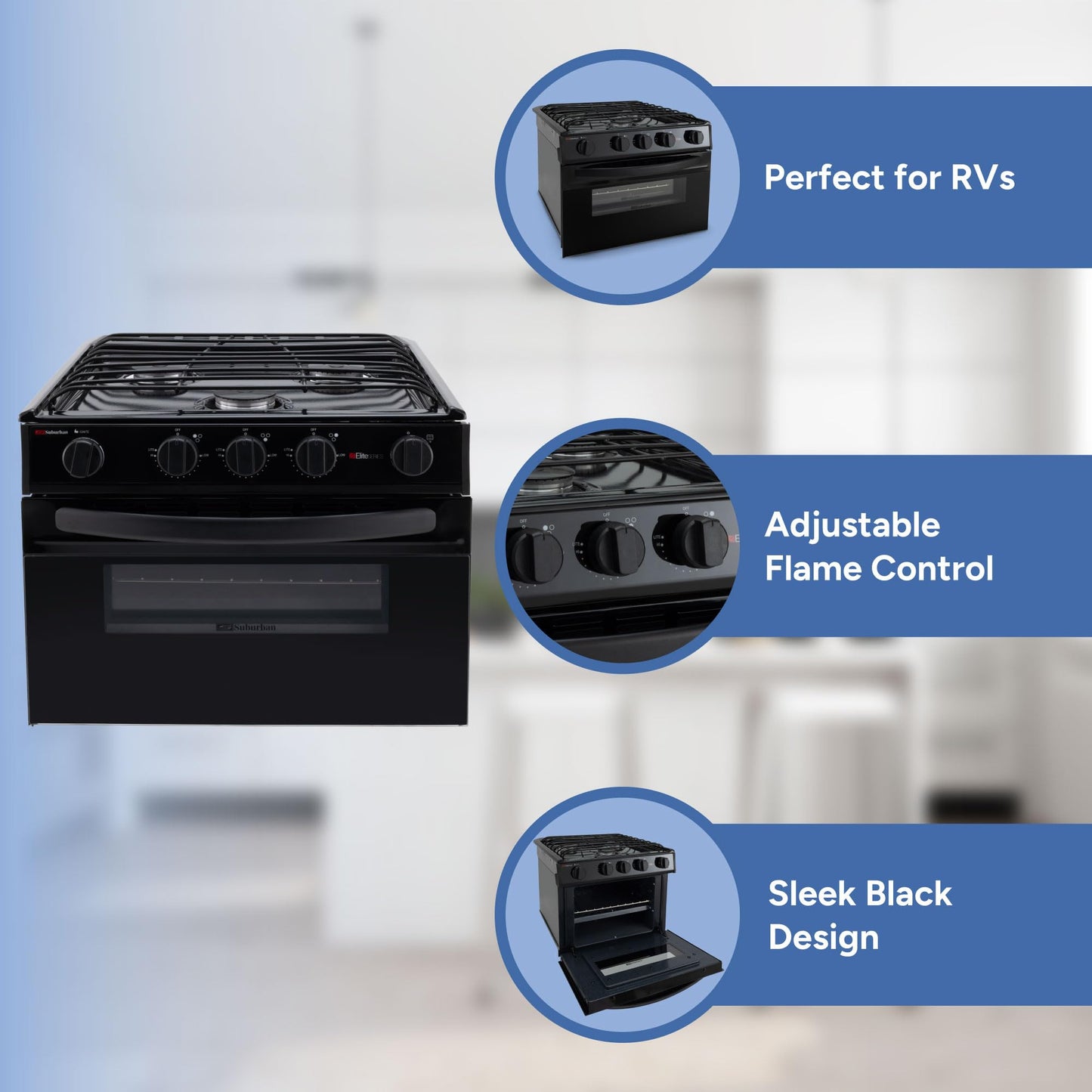 RecPro Suburban RV 17" Black 3 Burner Propane Range with Gas Oven | 9000 BTU Front Burner | Dual 6500 BTU Rear Burners | Piezo Ignition | Compact Built-In Range for RVs and Campers