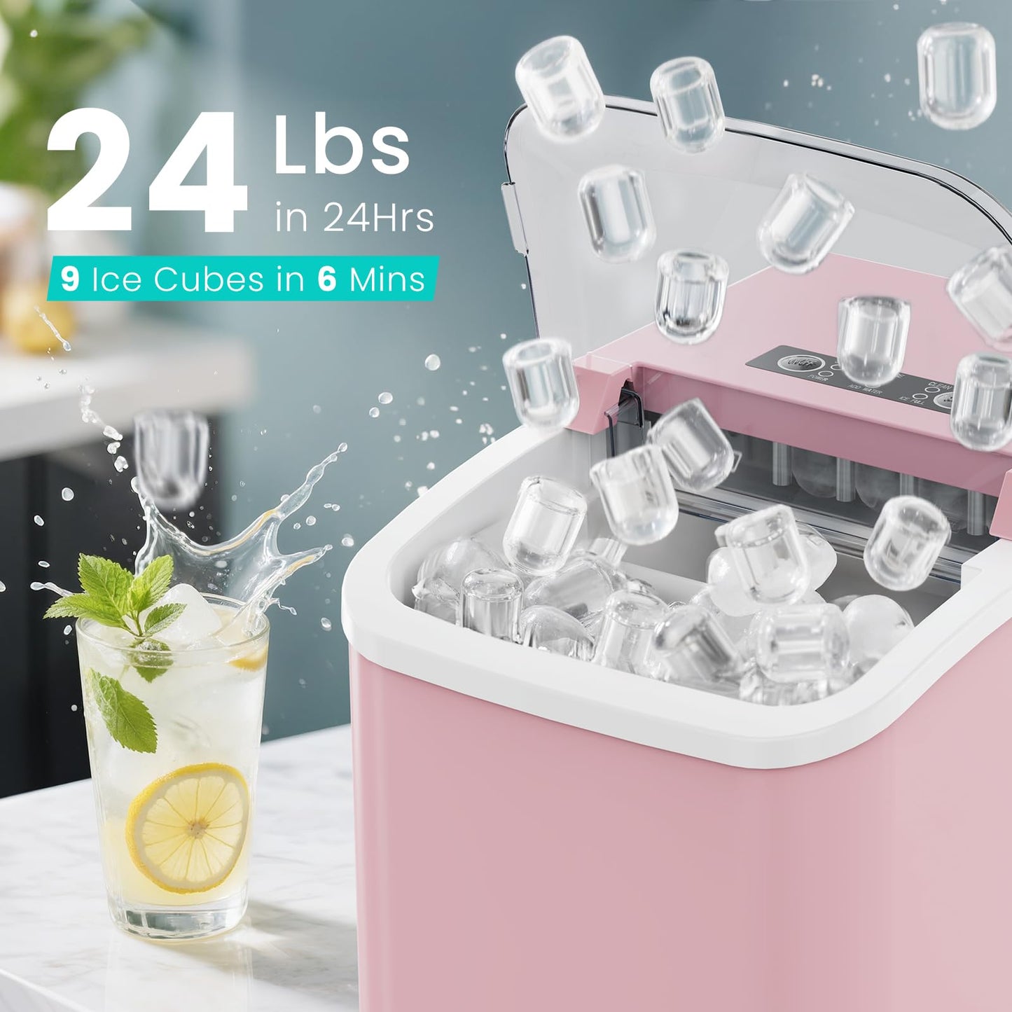 OLIXIS Ice Maker Machine with Handle,26lbs in 24Hrs,9 Ice Cubes in 6 Mins,Auto-Cleaning Portable Ice Maker with Basket and Scoop, Countertop Ice Maker for Home, Kitchen, Camping, RV - Pink