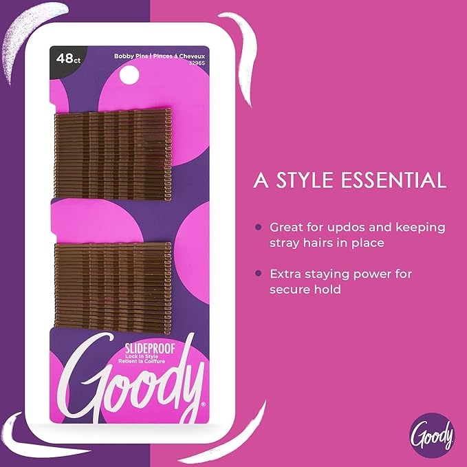 Goody SlideProof Bobby Pins - 48 Ct, Brunette Brown, High Gloss Bobby Hair Pins for Styling, Lock In Style, Comfortable, Pain-Free Hair Accessories for Women & Men, All Hair Types (Pack of 2)