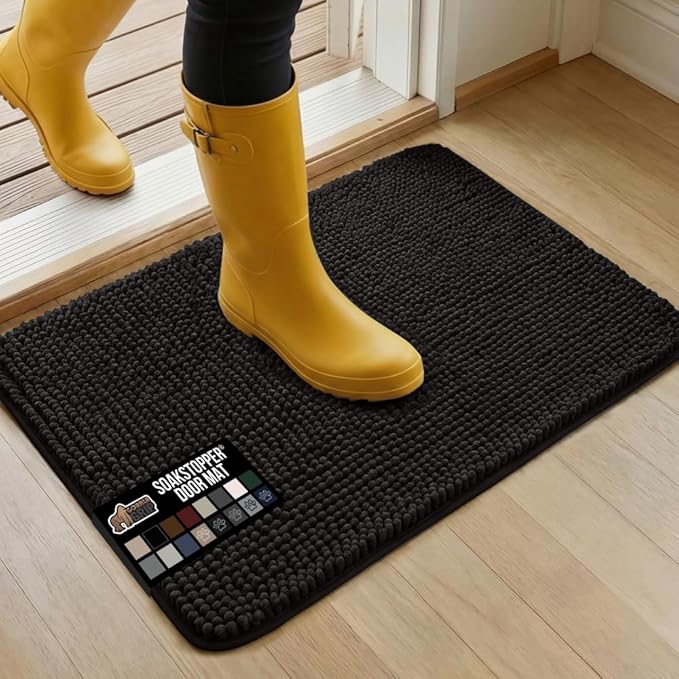 GORILLA GRIP SoakSTOPPER Dog Door Mat, 30x20 Machine Washable Rug Absorbent Doormat Captures Moisture Mud Dirt, Quick Dry Soft Chenille Entryway Rugs Indoor Entrance Mats for Dog Paws, Black