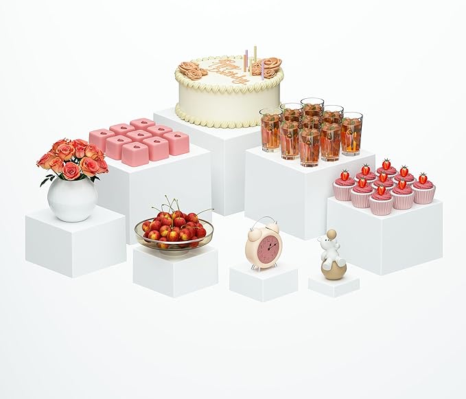 8 Pcs White Acrylic Boxes for Display as Buffet Risers and Stands, Food Risers for Party, Table, Stands, including 10", 9", 8", 7", 6", 5", 4", 3" (Large, 8Pcs, White)