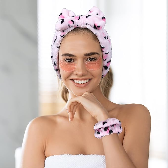 Pink Leopard Print Plush Wash Face Headband Bowknot Cheetah Spa Hair Band Wrist Cuffs Women Girls Facial Makeup Skincare Bath Head Wrap Lady Costume Party Supply Xmas Gift