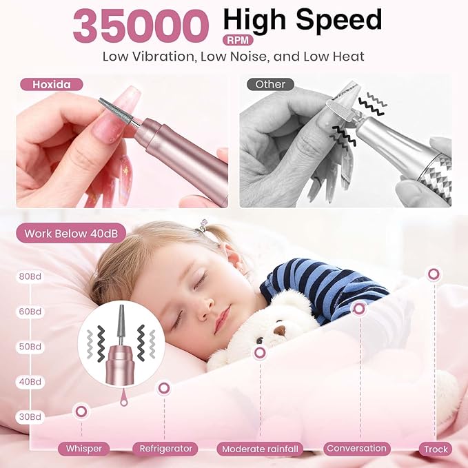 Cordless Nail Drill 35000RPM, Portable Electric Nail File for Acrylic Gel Nails, Professional Manicure Pedicure Kit, Rechargeable Pedicure Tools for feet with LCD Display, Low Noise Low Vibration