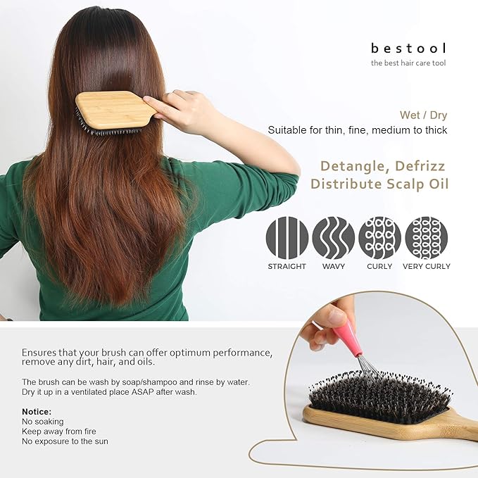 BESTOOL Hair Brush, Boar & Nylon Bristle Brush for All (Women, Men, Kids) Wet/Dry Hair, Massaging Detangling, Enhance Shine & Health (Square, Black)