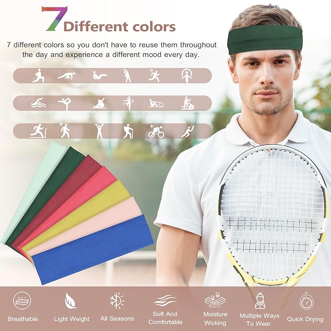 DiyJibb Headbands for Women, Stretchy Non Slip Soft Cotton Cloth Hair Bands for Sports, Workout, Yoga and Running, 7pcs