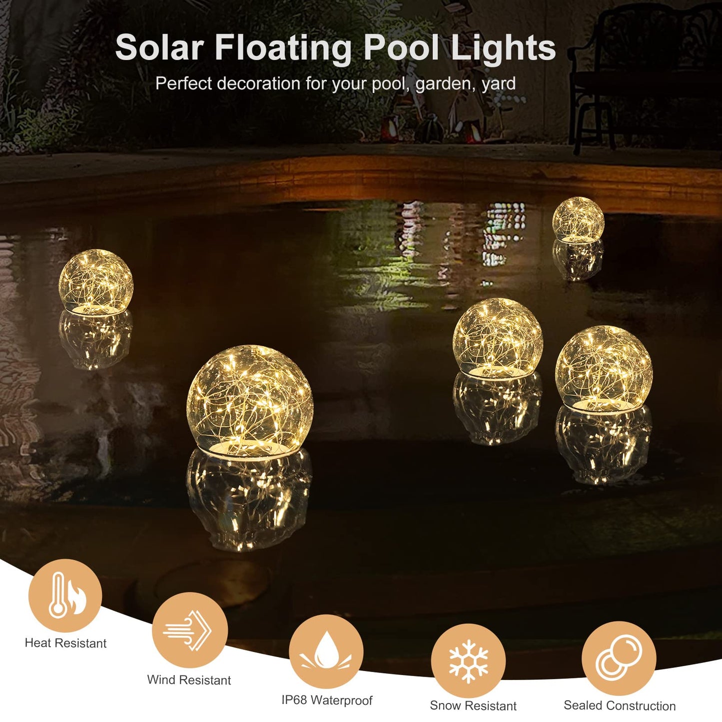 LENONE Floating Pool Lights Solar Powered, 6.5 Inch Warm White Light Up Solar Pool Lights That Float, Updated Waterproof Floating Pool Balls for Patio Party Decor(2 Piece)