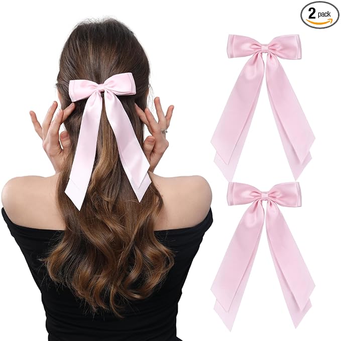 LuSeren 2 PCS Double Layer Hair Bows Pink Hair Ribbon Clips Ponytail Holder Accessories for Women Girls Toddlers Teens Kids