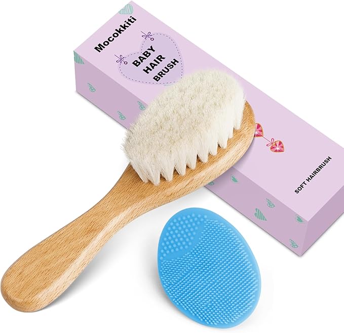 Baby Hair Brush, Mocokkiti Goat Bristles Brush and Baby Cradle Cap Brush Set for Cradle Cap Wood Bristle Brush for Newborns and Toddlers, Blue Silicone Brush (2PCS)