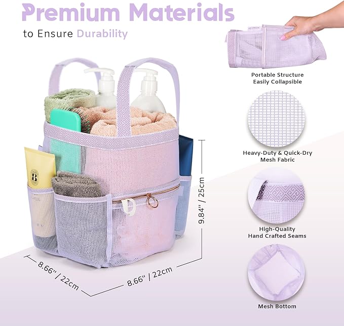 DV Lifestyle Mesh Shower Caddy Dorm, 7 Pockets & 1 with Zipper, Shower Tote with Padded Handles, Travel Portable, Shower Caddy College Room Essentials, Bathroom Shower Bag (Light Gray)