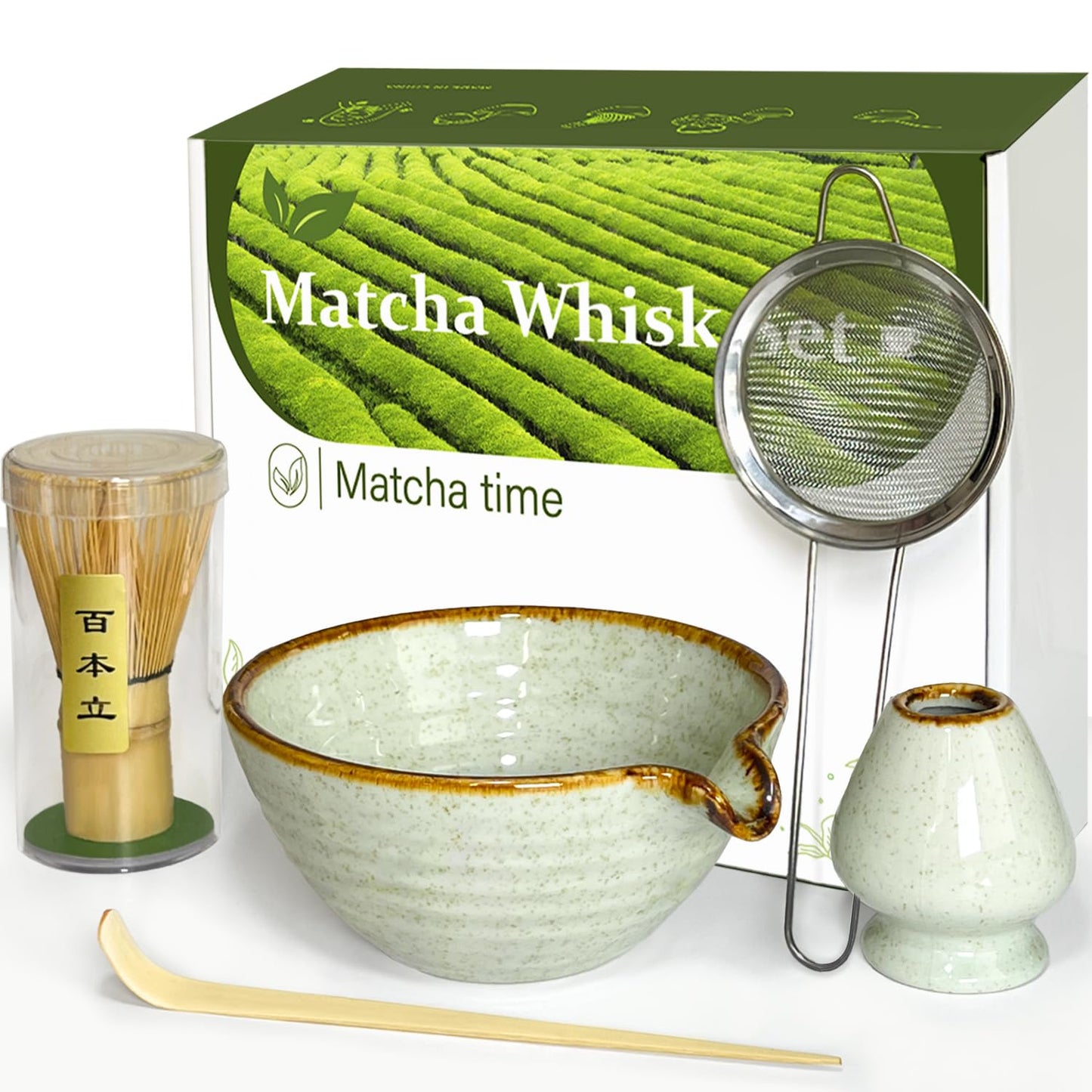 Vaiheng Matcha Whisk Set with Matcha Bowl, Matcha Whisk Holder Matcha Bamboo Whisk, Scoop, Sifter, Unique Gifts for Women Men Girl Friend Home Kitchen Decor Gifts for Tea Enthusiasts Christmas