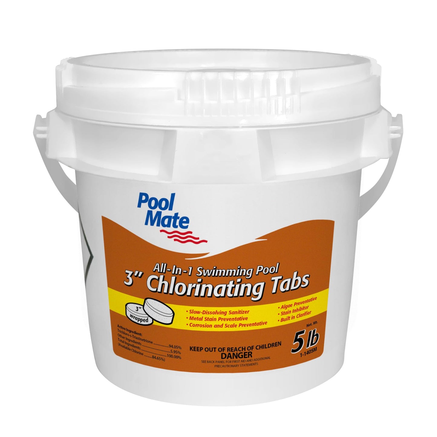 Pool Mate 5-Pounds All-In-1 Swimming Pool 3 Inch Chlorinating Tabs, Chlorine Tablets 3 Inch, Sanitizer, Clarifier, Stain Inhibitor, Algae Control, Descaler, Sunlight Protector All In One, Made In USA