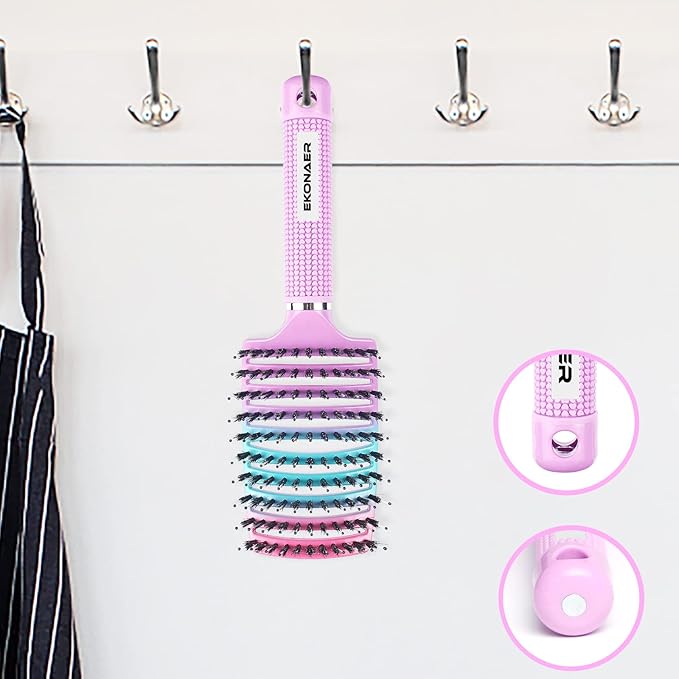 Detangling Brush Boar Bristles Hair Brush for Adult & Kids Wet or Dry Hair,Curved and Vented Detangler Brush - Adds Shine and Makes Hair Smooth(Pink)