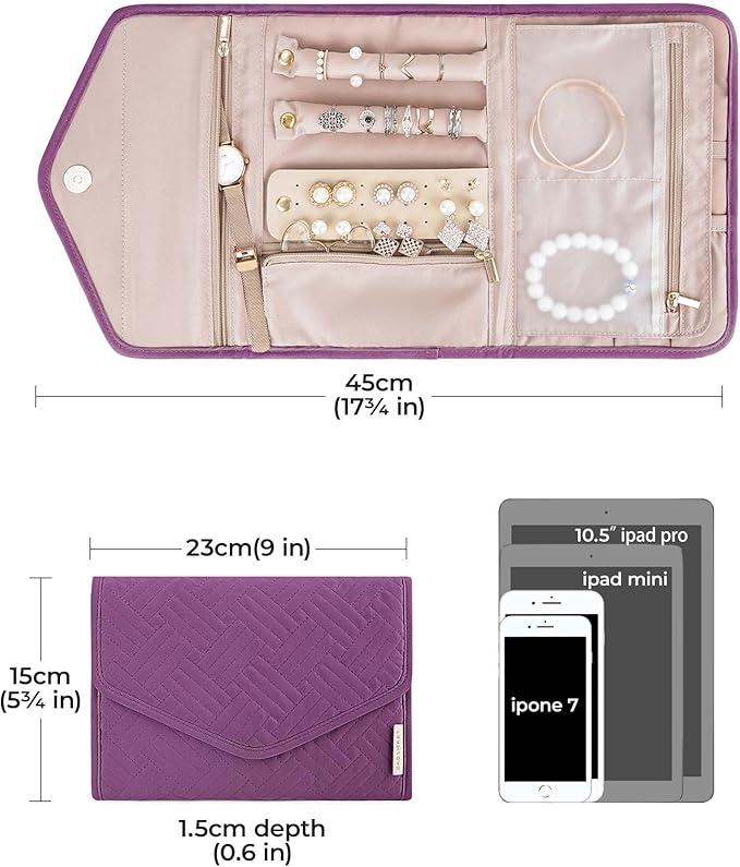 BAGSMART Travel Jewelry Organizer Roll Foldable Jewelry Case for Journey-Rings, Necklaces, Bracelets, Earrings,Purple