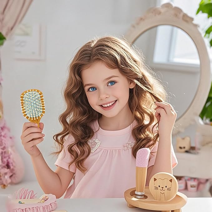 Pink Mini Bamboo Hair Brush – Portable Travel Hairbrush for Kids & Adults, Compact Scalp Massage Hair Brush, Anti-Static, Easy to Carry