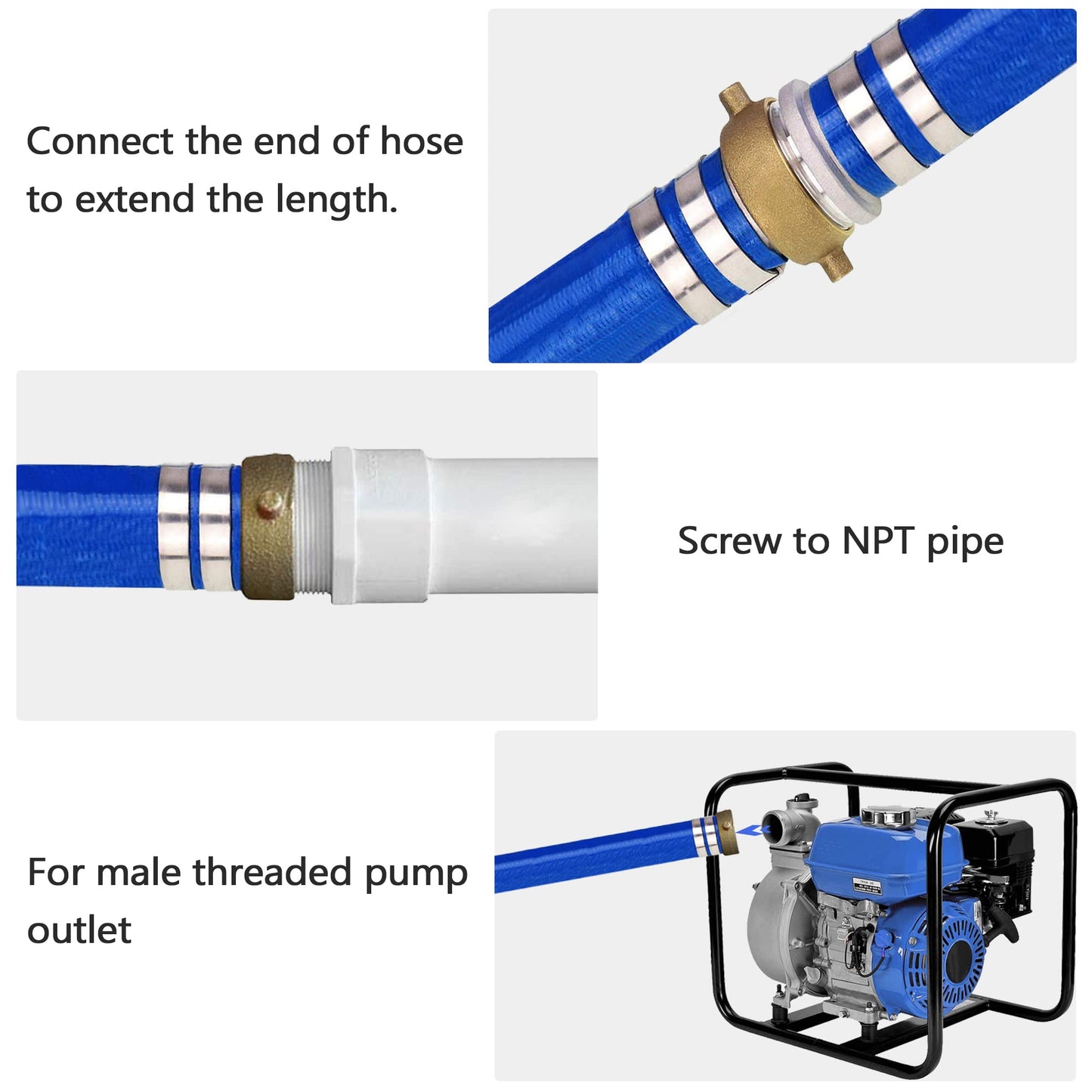 DAVCO 2" ID × 50 ft Pool Backwash Hose, Heavy Duty Reinforced Blue PVC Lay Flat Water Discharge Pump Hoses For Swimming Drain Pools and Clean Filters, With Aluminum Pin Lug Fittings