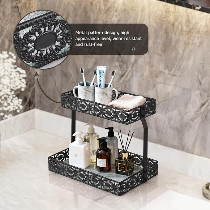 xiaojuande-Two Layer Glass Storage Tray with Portable Dressing Table Skin Care Product Organization Rack Corner Storage Rack for Bathroom Counter High-end Light - (Black)