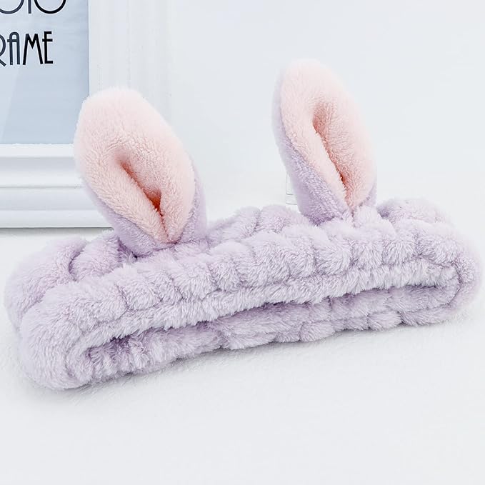 YISSION Cute Bunny Ear Spa Headband for Women and Girls - Soft Plush Makeup Headband for Face Washing, Skincare, Shower, Easter Party Favors (2 Pack, Pink & Purple)