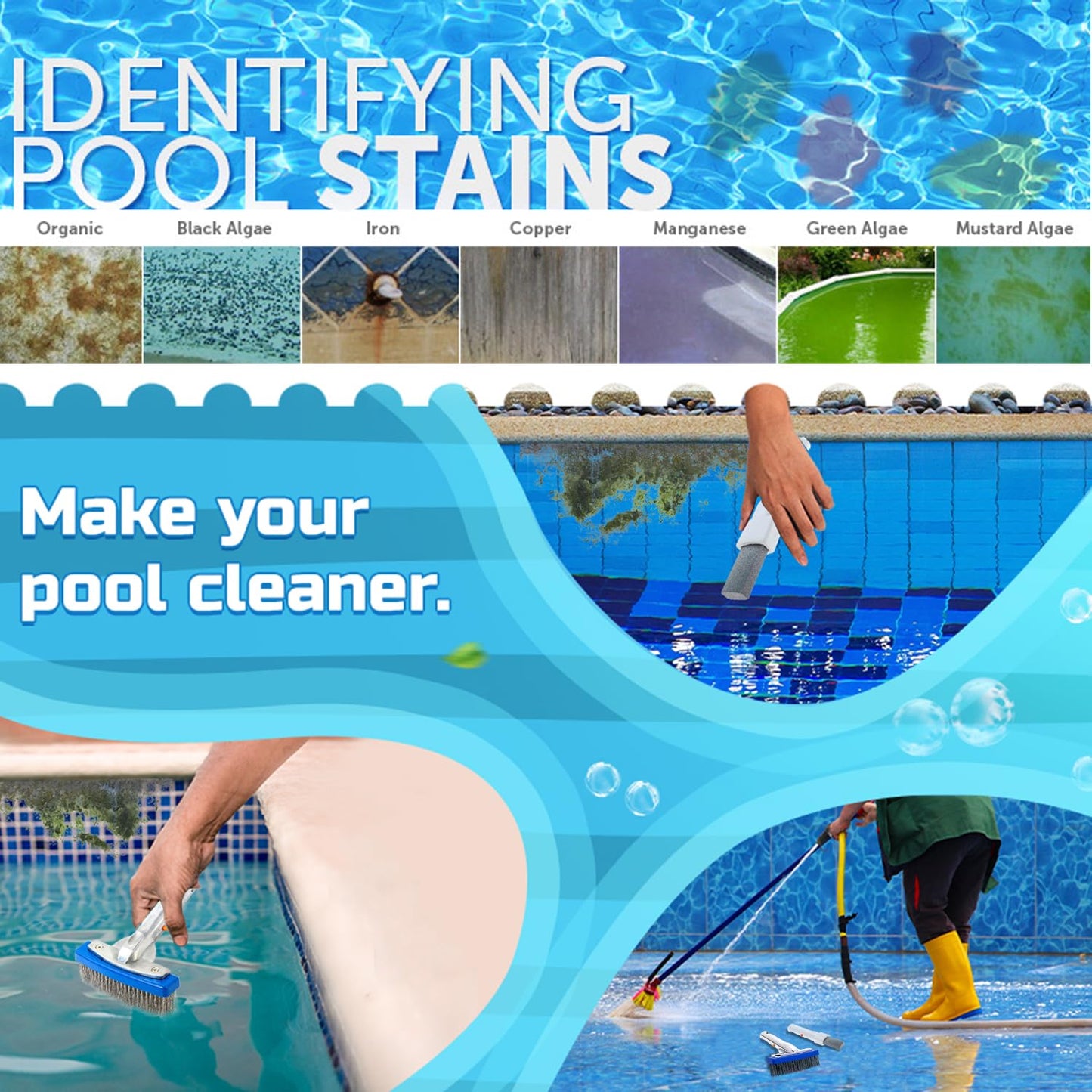Pool Pumice Stone and 5 inch Stainless Steel Pool Brush Set with EZ-Clip Handle to Reomve Erase Rust Stain Spot in Concrete Plaster Pool Spa and Calcium Deposit on Pool Tile