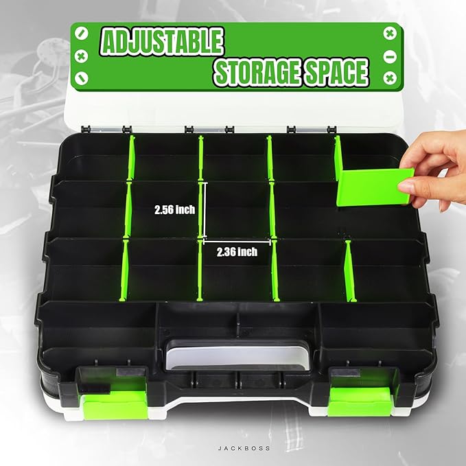 Tool Box with Transparent Lid, Double Side 34-Compartments Organizer Box with Removable Dividers for Hardware, Screws, Bolts, Nails, Beads, Jewelry and Fishing Accessories, Green, 1 Pack