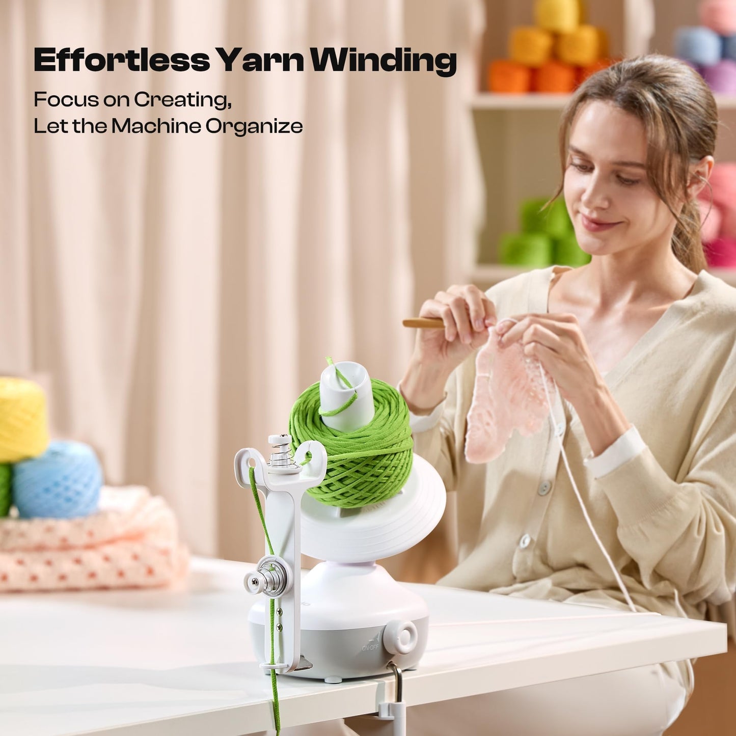 Caydo Electric Yarn Winder, Automatic Yarn Ball Winder, Dual Tension Spring, Stepless Speed, Compact 7oz, White