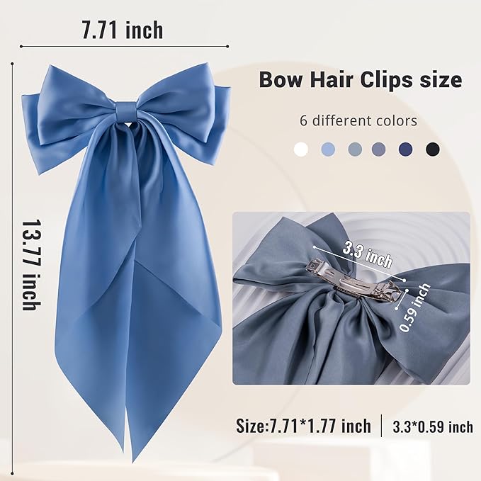 6Pcs Large Bows Hair Clips for Women Girls Long Tail Hair Ribbon Silky Satin Barrettes Coquette Bows Accessories (Black/Skyblue/Grayblue)