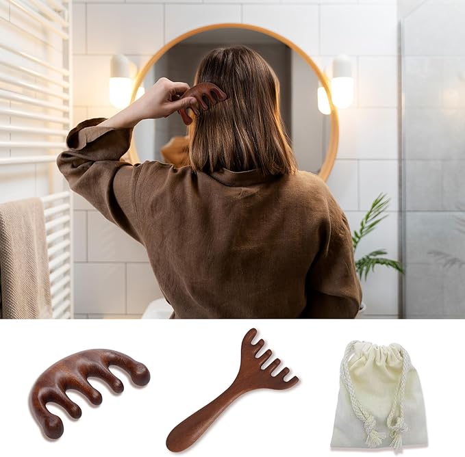 2 Pack Wooden Scalp Massage Tool, Sandalwood Manual Scalp Massager Wood Comb, Head Gua Sha Brush for Women Men Hair Growth