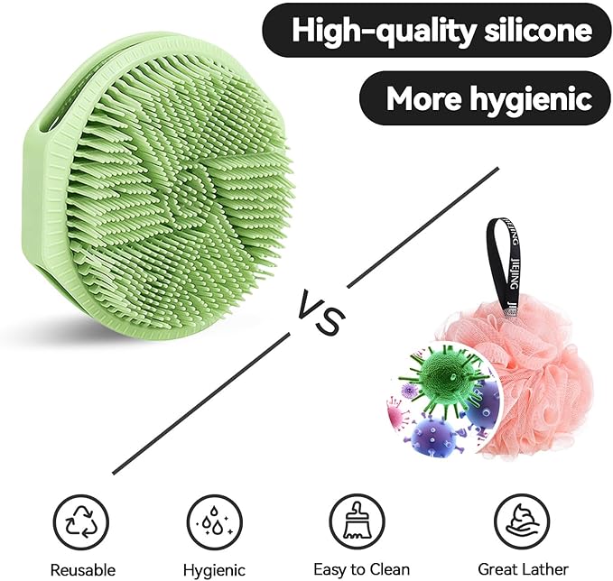 2-Pack Soft Silicone Dual-Sided Body Scrubber & Loofah | Gentle Exfoliating Shower Brush for Men & Women | Creates Rich Lather, Easy to Clean (Green & Purple)
