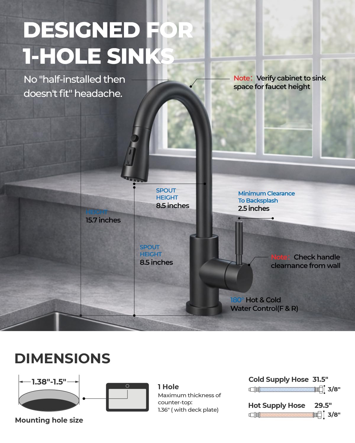 WEWE Kitchen Faucets with Pull Down Sprayer, Stainless Steel Single Handle 1 Hole for Family Kitchen Commercial Camper Laundry Rv Bar, Matte Black