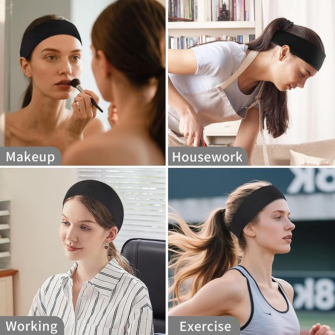 Panleding 12 Pack Sports Headbands for Women, Non-Slip Elastic Soft Hair Bands, Fashion Hair Warp for Workout, Yoga, Running, Fitness, Black