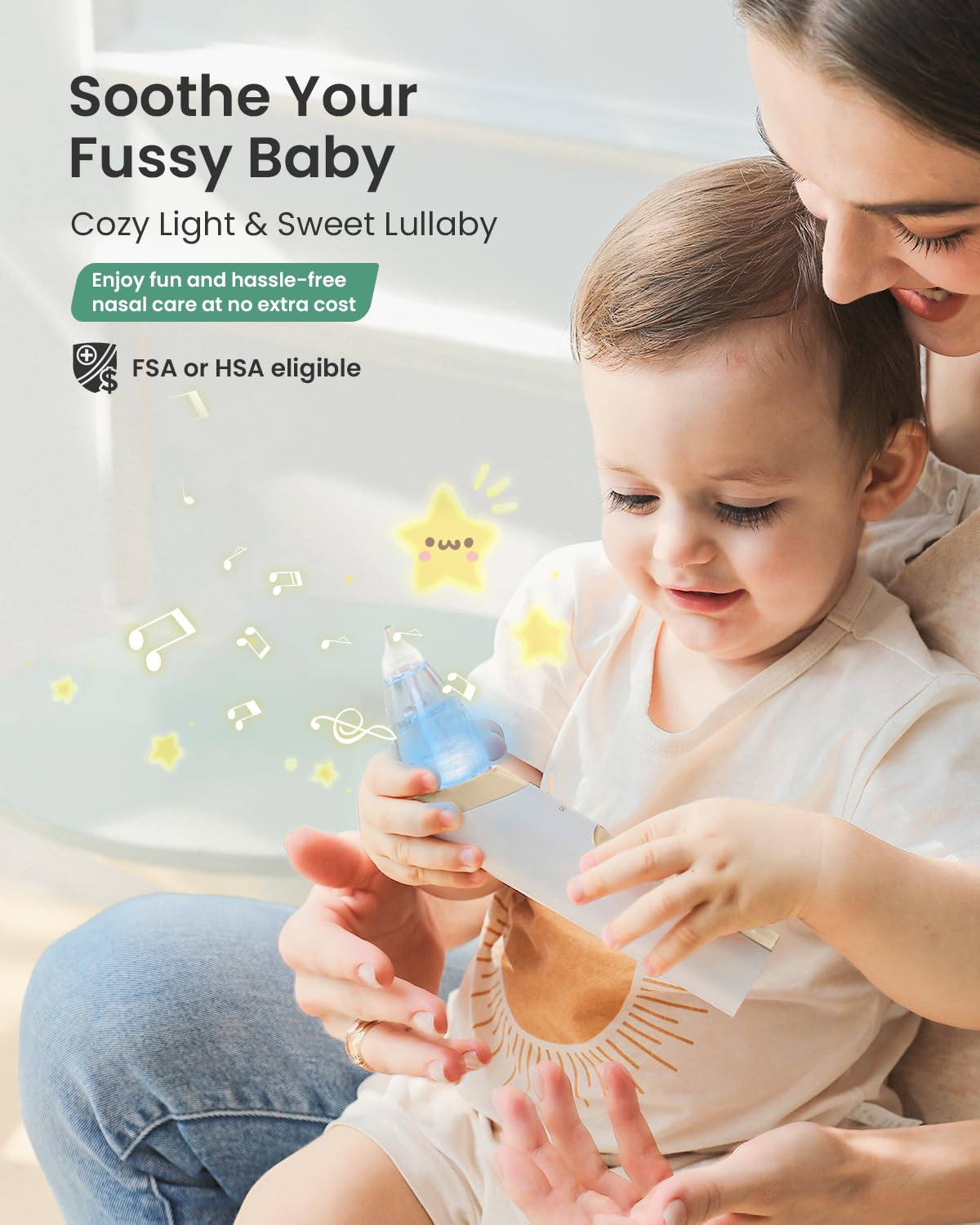 GROWNSY Nasal Aspirator for Baby, Electric Baby Nose Sucker, Automatic Nose Cleaner with Larger Suction Chamber and More Powerful Suction, Music and Light Soothing Function, Beige