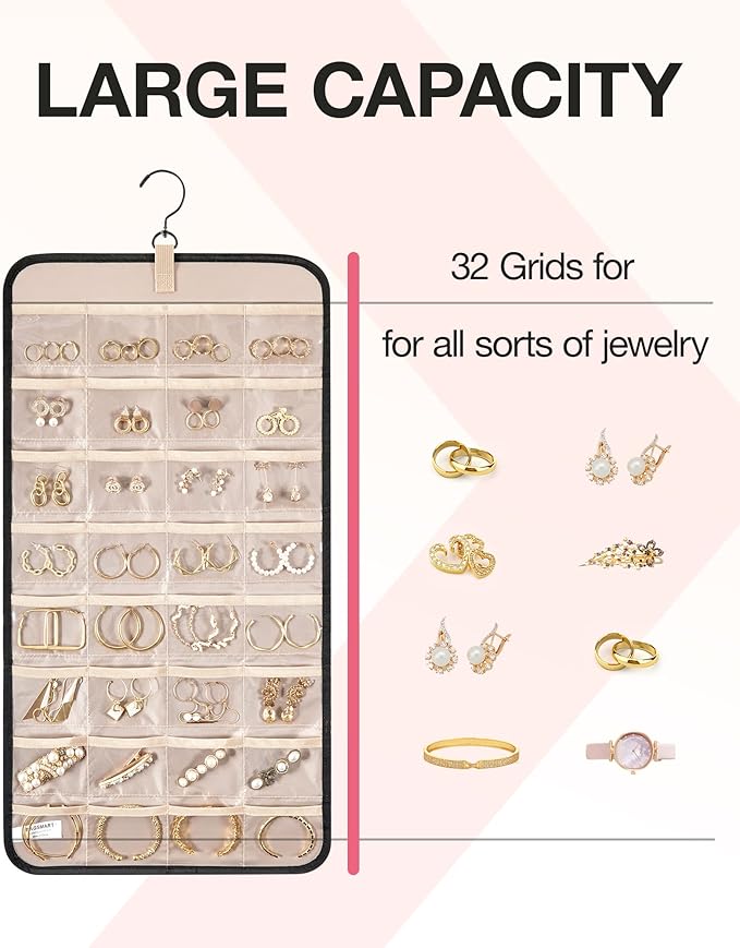 BAGSMART Hanging Jewelry Organizer Storage Roll with Hanger Metal Hooks Double-Sided Jewelry Holder for Earrings, Necklaces, Rings on Closet, Wall, Door, 1 piece, Medium, Black