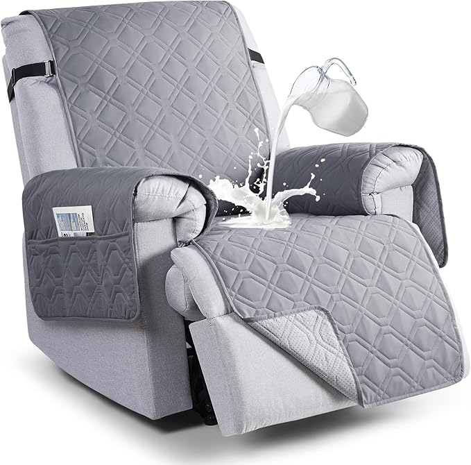 VANSOFY 100% Waterproof Recliner Chair Covers, Recliner Cover Non-Slip Dog Chair Cover Furniture Protector Washable Slipcover with Pocket, Elastic Straps for Pets, Dogs(Light Gray, 22")