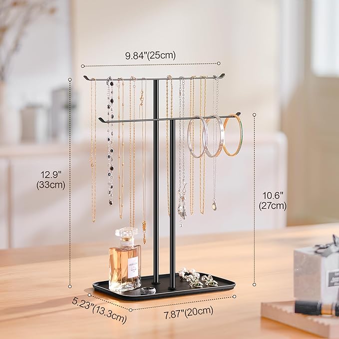 pickpiff Necklace Holder Jewelry Organizer Stand Ã¢ÂÂ 2Ã¢ÂÂTier TÃ¢ÂÂBar Jewelry Display Tree with Tray for Countertop Necklace Bracelet Earring Storage, Vanity Dresser Bathroom Sink, Black
