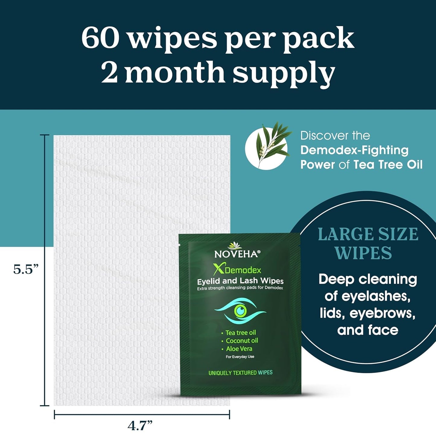 NOVEHA 360PCs Demodex Eyelid & Lash Wipes | Box of 60 Individually Wrapped Extra Strength Cleansing Eyelash Wipes - Battles Irritated Eyes - Naturally Remove Debris (Pack of 6)