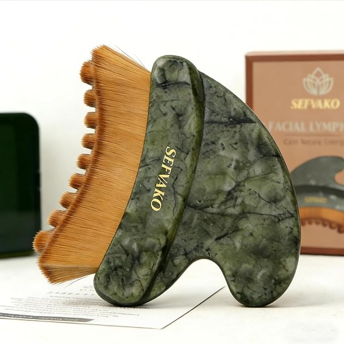 Lymphatic Contour Face Brush, Dual-Ended Dry Brush + Cool-Touch Jade Gua Sha Edge, 0.075mm Ultra-Soft Bristles Gua Sha Facial Tools, for Lymphatic Drainage, Less Puffy Look, Sculpt & Relax